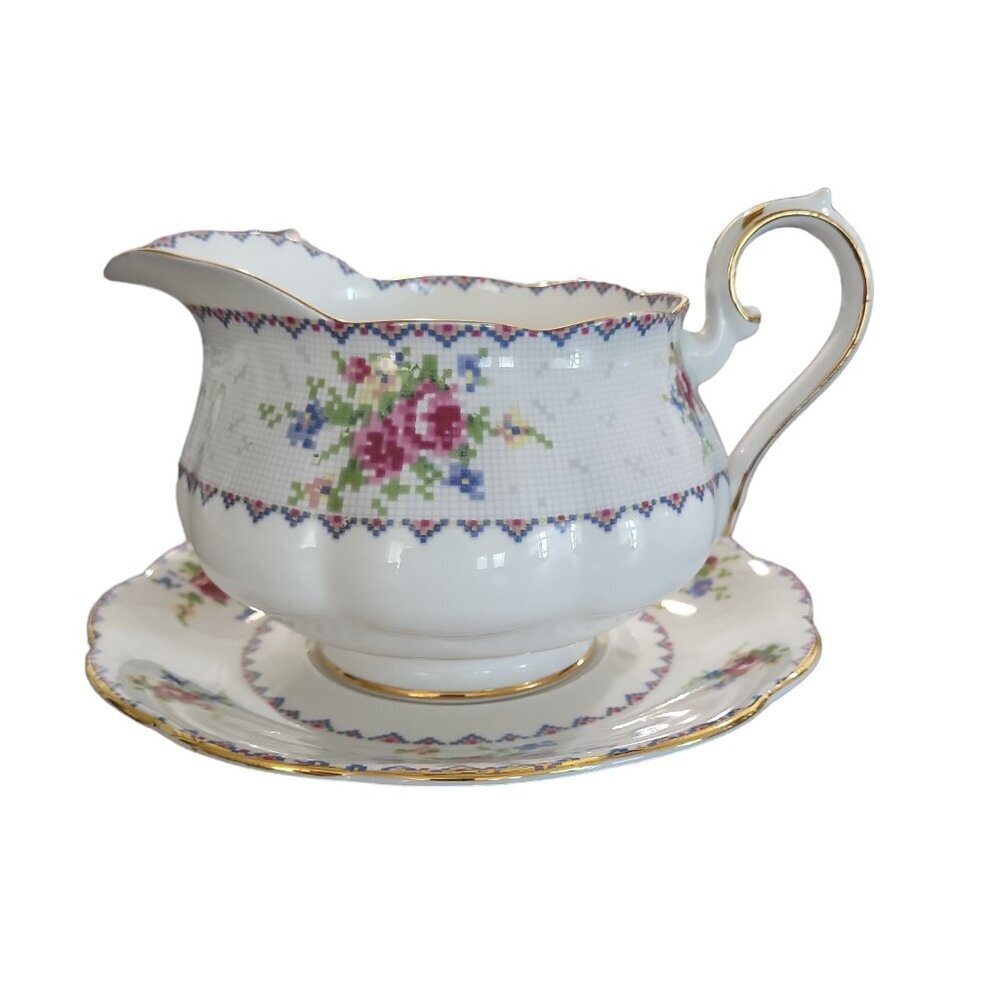 Vintage Royal Albert Petit Point Round Gravy Boat & Plate English Bone China